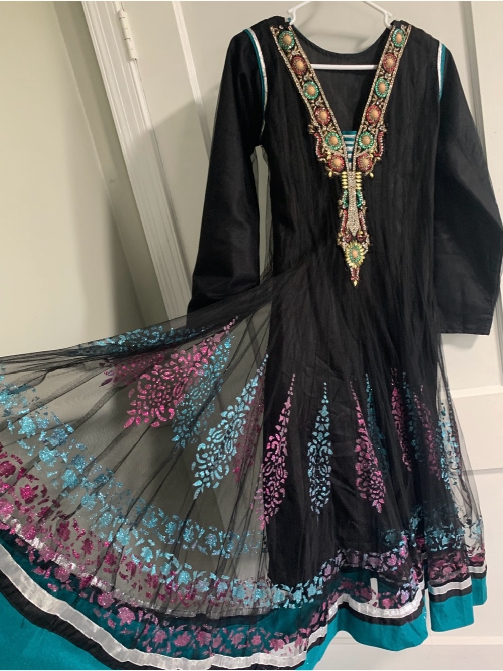Black Embellished Anarkali Dress with Teal & Pink Accents